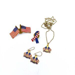 Vintage Patriotic Jewelry Lot, Fun Bundle of 2 USA Flag Pins a Pendant Necklace